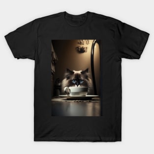 Caffeine Addiction Reaches New Heights with Tired Ragdoll Cat and Coffee T-Shirt